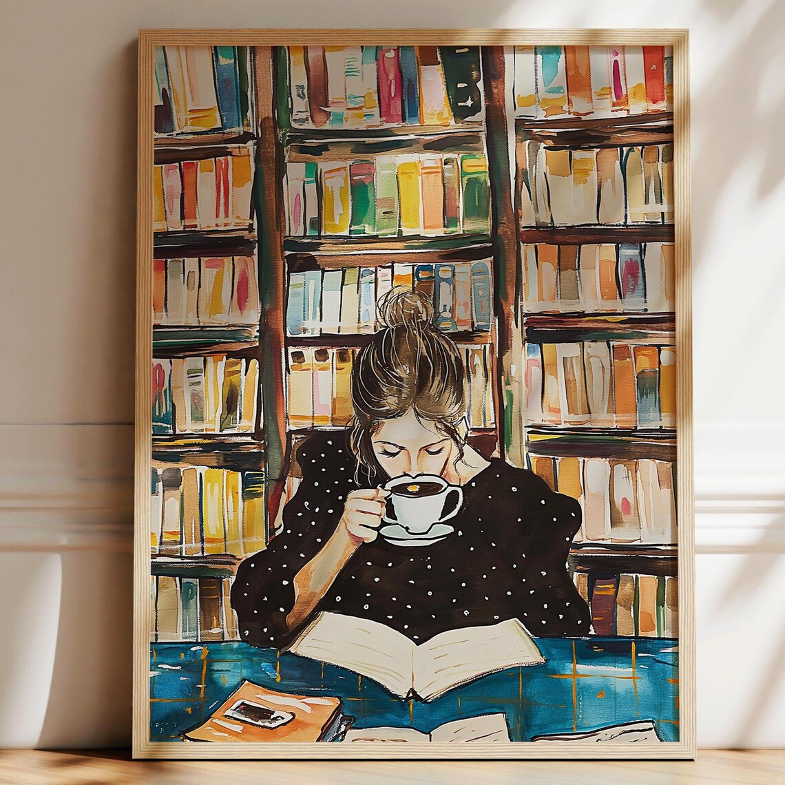 Cozy Bookish Girl Reading Coffee in the Library Watercolor Print