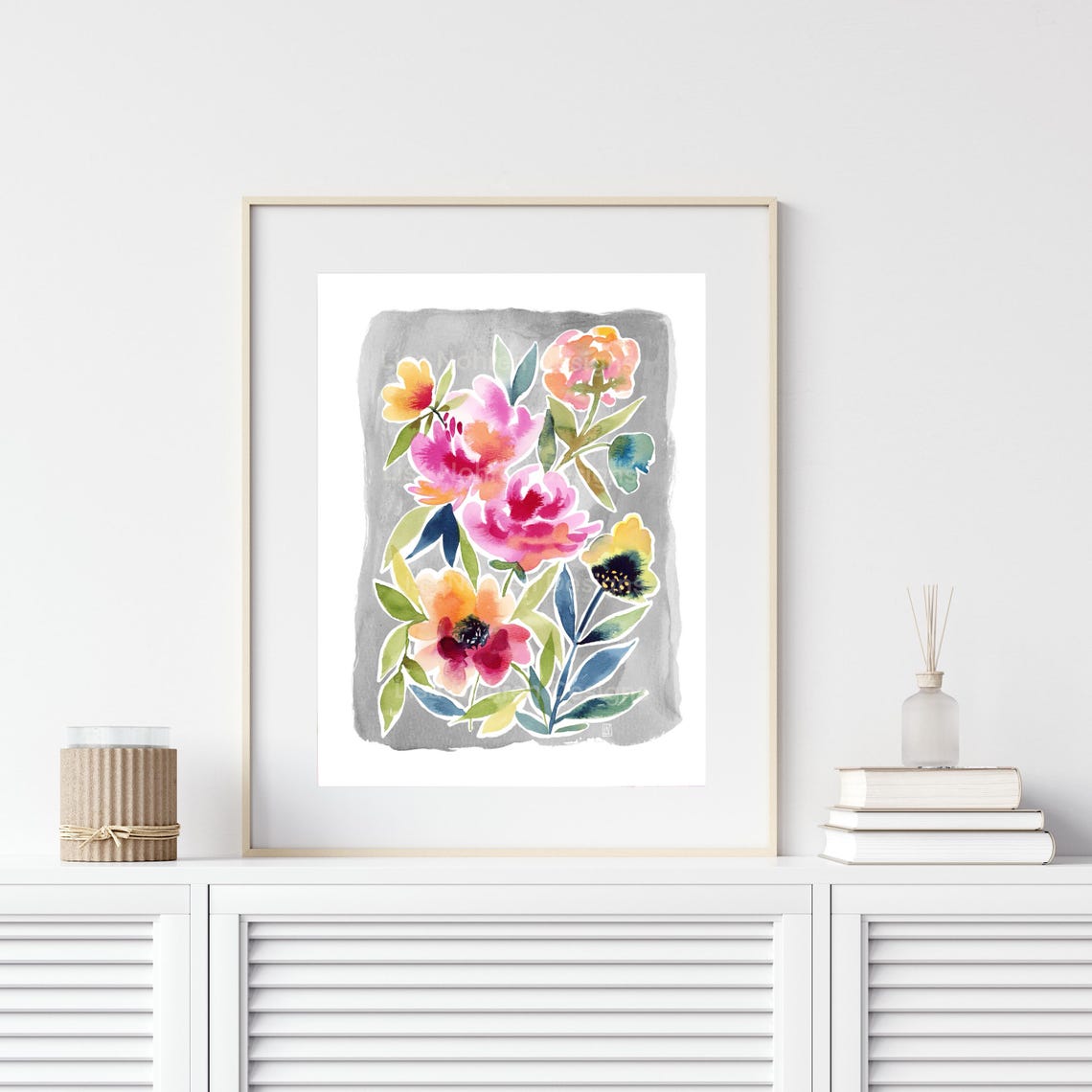 Gray Floral Watercolor Bouquet Poster Pink Blossoms Botanical Artwork