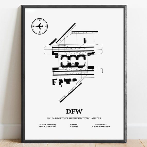 DFW Airport Poster, Dallas Fort Worth Minimalist Map