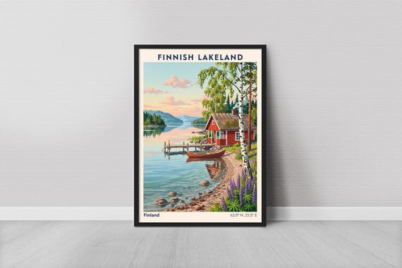 Finnish Lakeland Art Print Vintage Red Cabin By Lake Blue Water And Green Trees