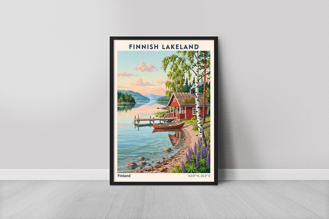 Finnish Lakeland Finland Red Cabin Summer Lake Retro Travel Poster
