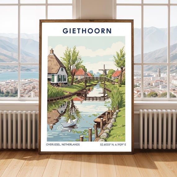 Dutch Countryside Canal Poster And Travel Contemporary Illustration