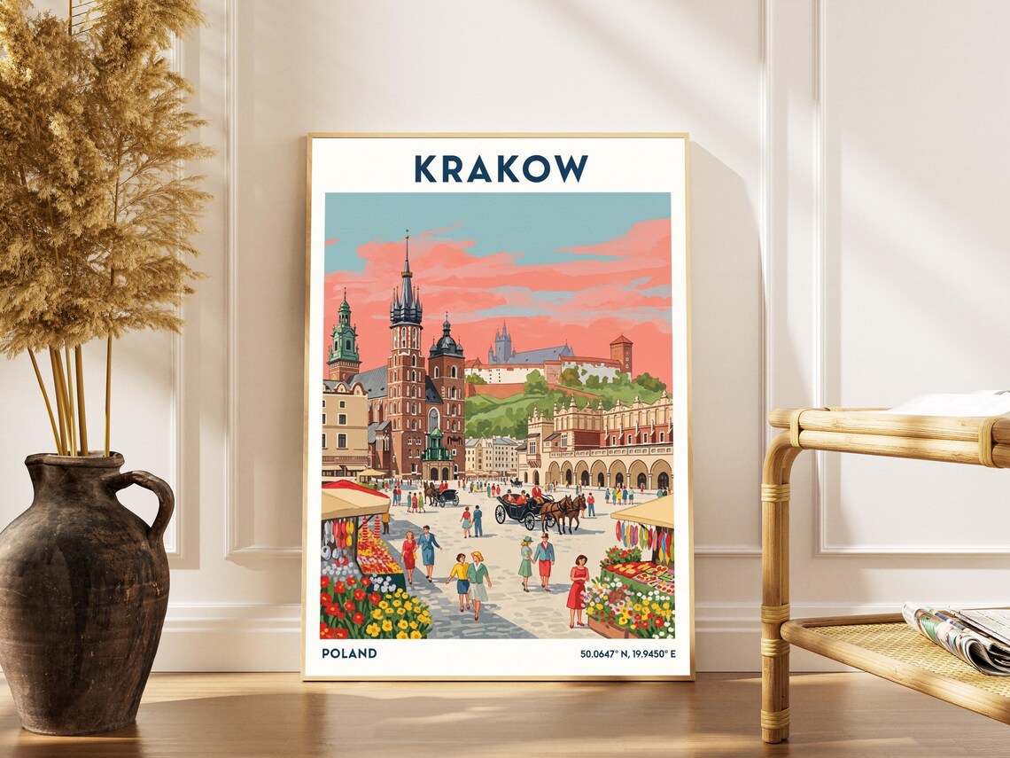 Krakow Poland Vintage Travel Poster Market Square Sunset Scene