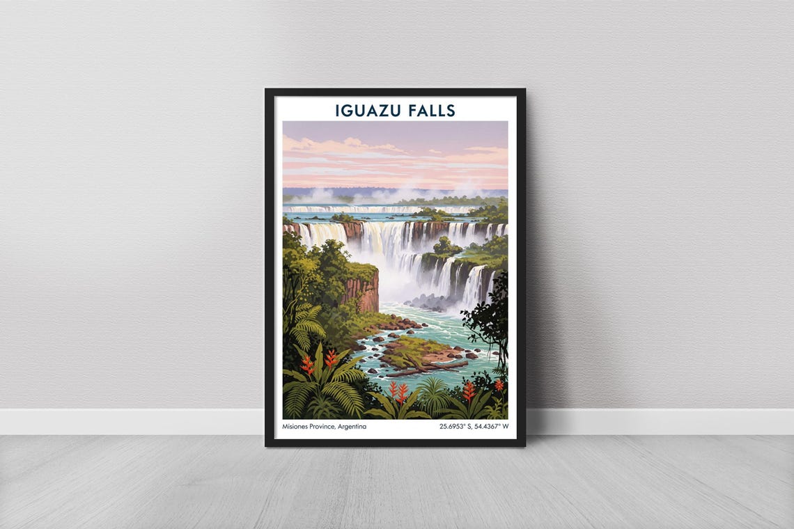 Iguazu Falls Argentina Vintage Travel Waterfall Jungle Art Poster
