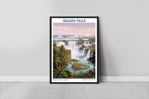 Iguazu Falls Art Print Vintage Travel Teal Water And Cream Sky Mixed Media