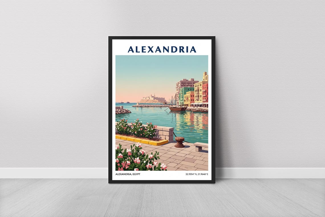 Alexandria Egypt Travel Poster Mediterranean Harbor Coastal City Decor