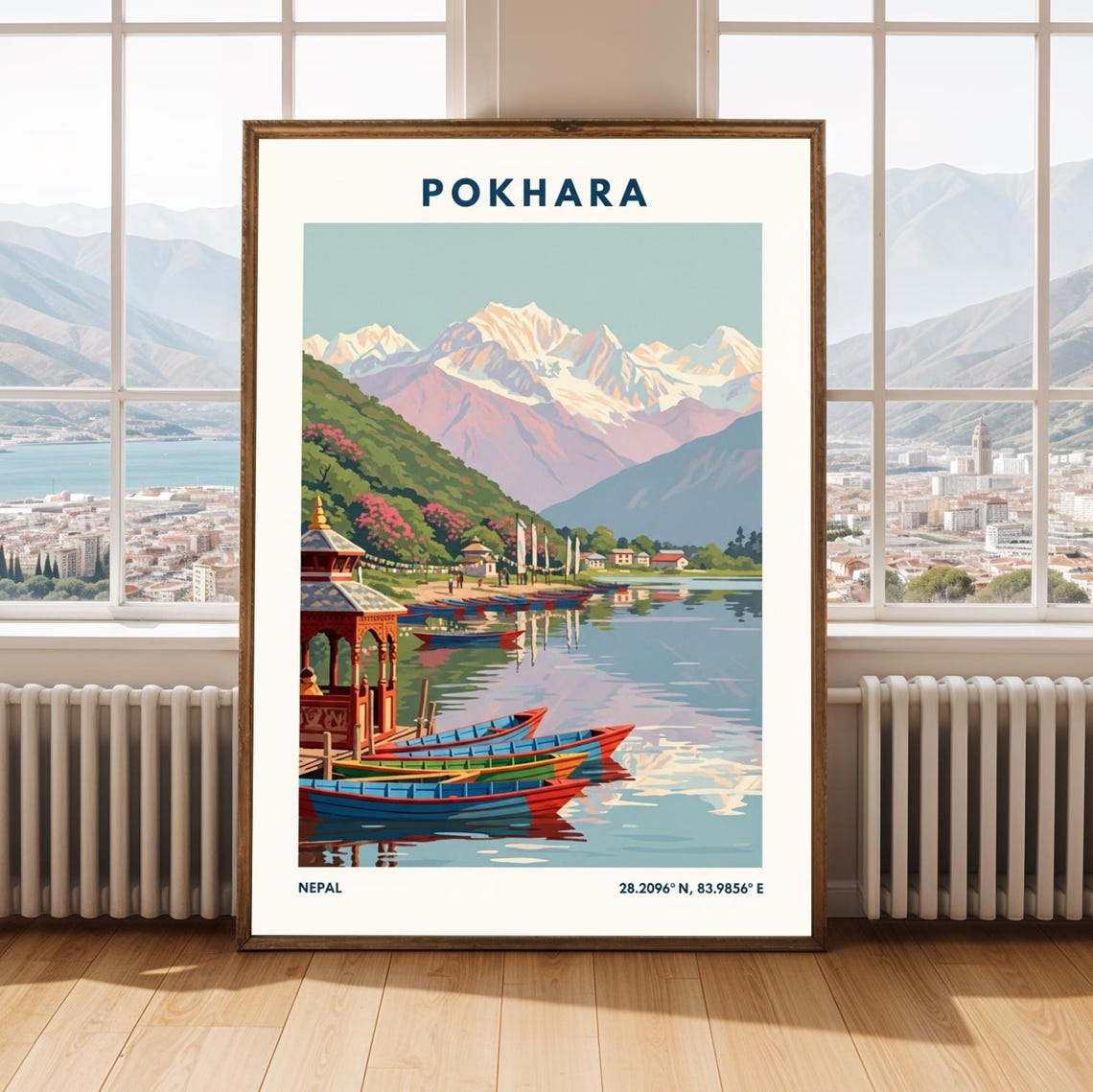Pokhara Nepal Vintage Travel Poster Himalayan Lake Boats Peaks Art