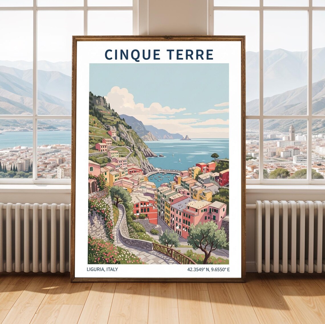 Cinque Terre Coastal Italy Vintage Travel Illustration Style Poster