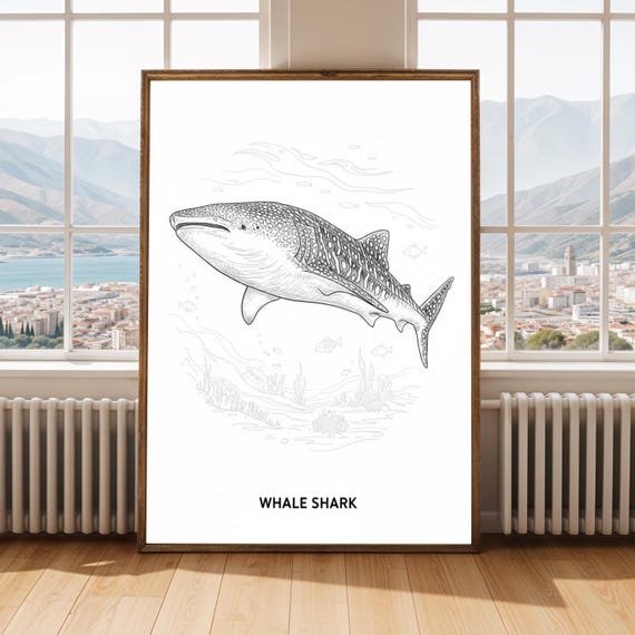 Whale Shark Poster Fine Line Marine Life Art Black And White Ink Illustration Office Study Decor For Lovers