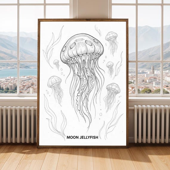 Moon Jellyfish Art Print Black And White Ink Illustration Marine Decor
