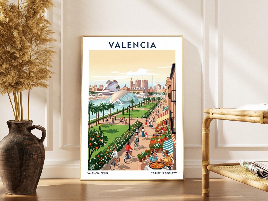 Valencia Spain City of Arts Market Paella Oranges Travel Poster