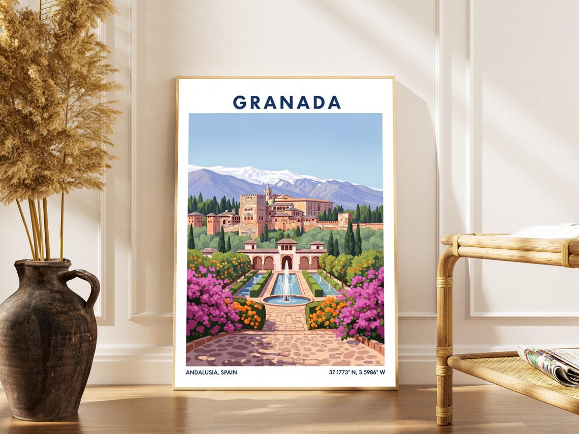 Granada Spain Alhambra Palace Andalusia Gardens Vintage Travel Poster