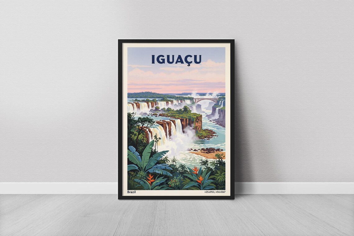 Iguacu Falls Brazil Waterfalls Lush Jungle Vintage Travel Poster