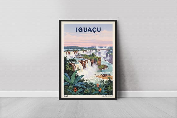 Iguau Art Print Vintage Travel Style Blue Sky And Teal Water Brazil