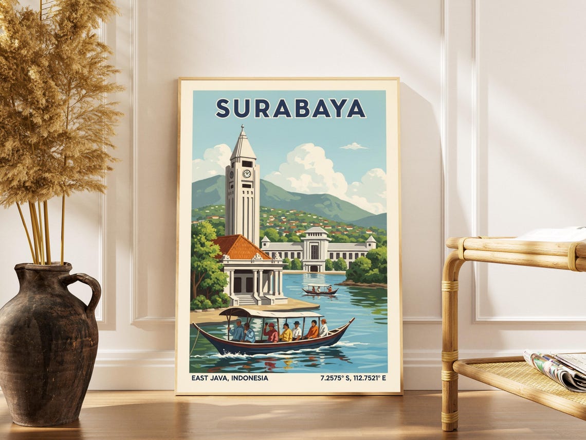 Surabaya Indonesia Vintage River Boat Scene With Clock Tower Poster