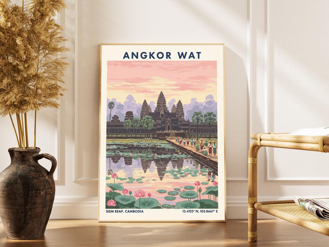 Angkor Wat Cambodia Sunrise With Lotus Pond And Temple Towers Poster