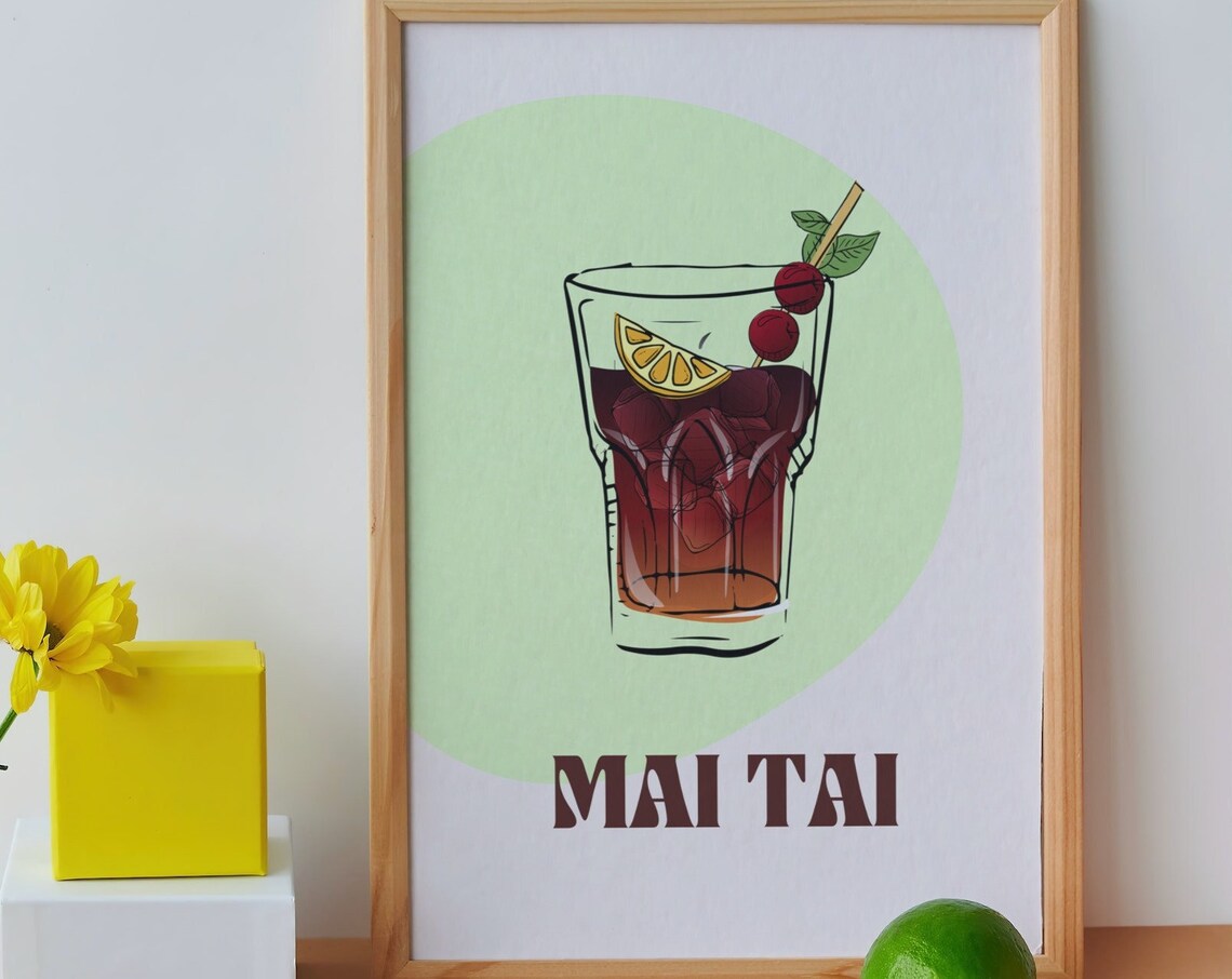 Mai Tai Cocktail Art Print, Bar Cart Decor