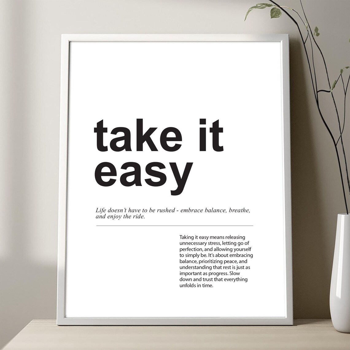 Take It Easy Definition Print Quirky Minimalist Wall Art Chalkboard Blueprint Kraft Or White Background Casual Unframed Poster