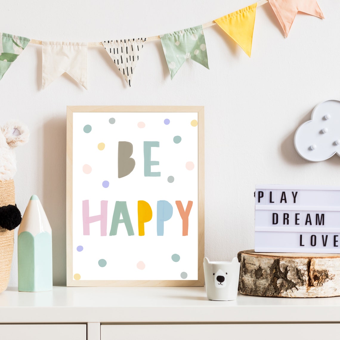 Be Happy Pastel Polka Dot Nursery Playful Typography Wall Poster