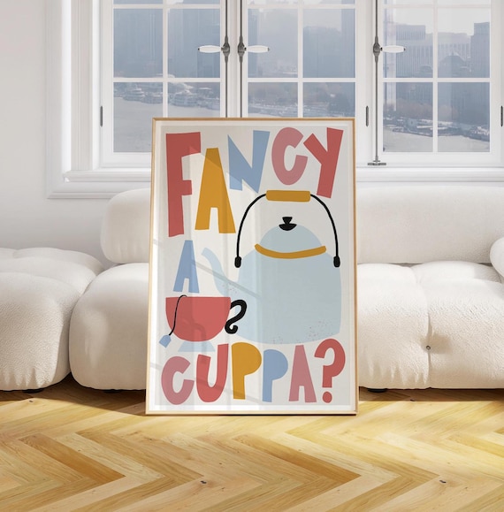 Retro A Cuppa Kitchen Art Print, Cute Tea Gift