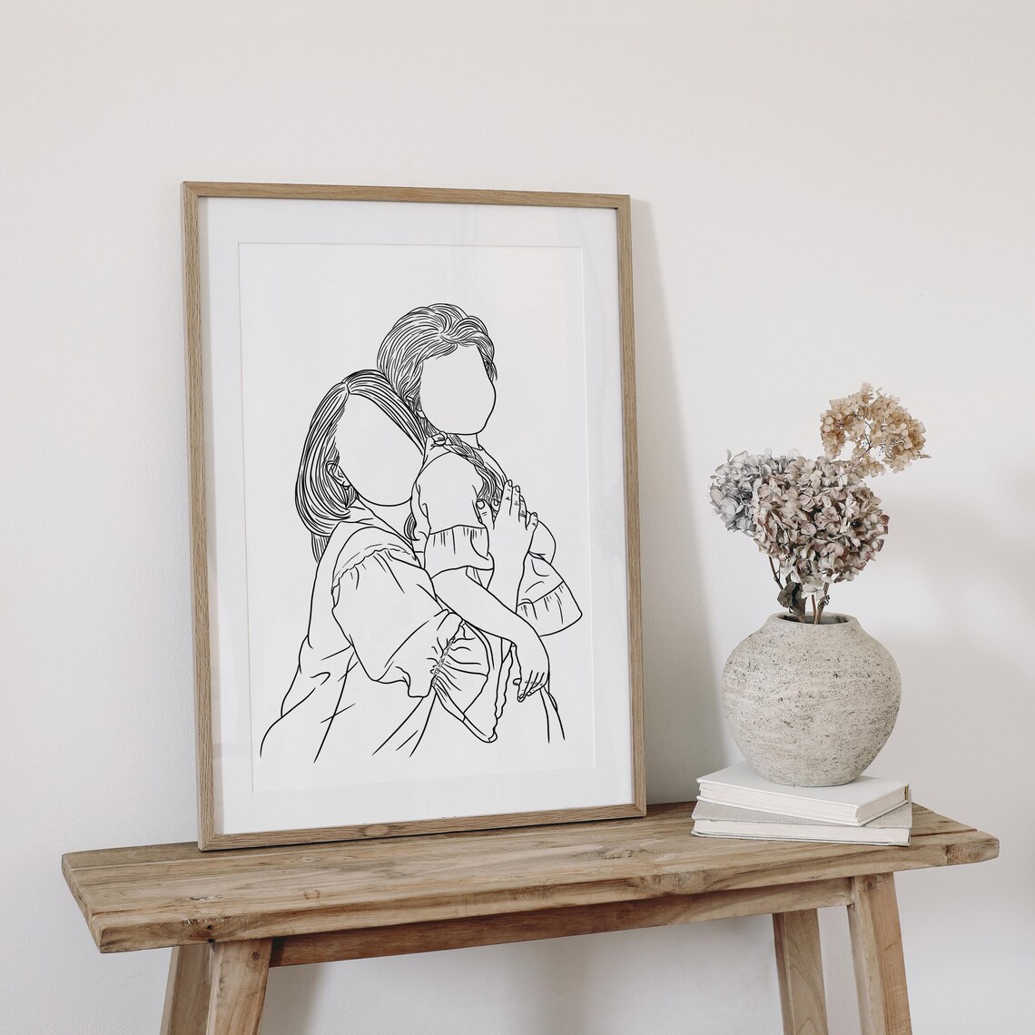 Faceless Mother and Daughter Line Art Hugging Portrait Poster - Image 2