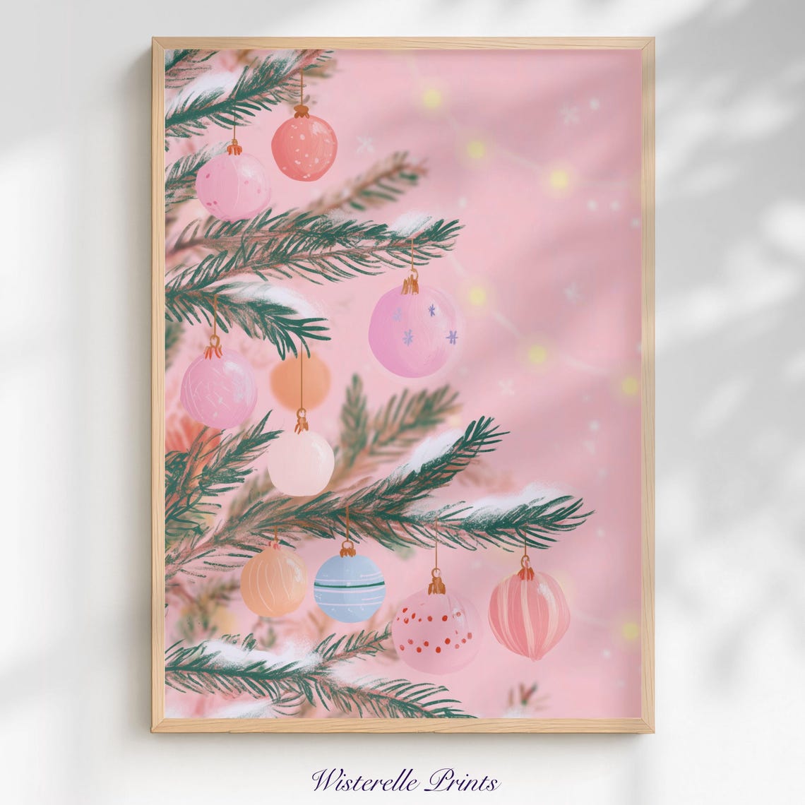 Pastel Pink Christmas Tree Ornaments Snowy Holiday Branch Art Poster