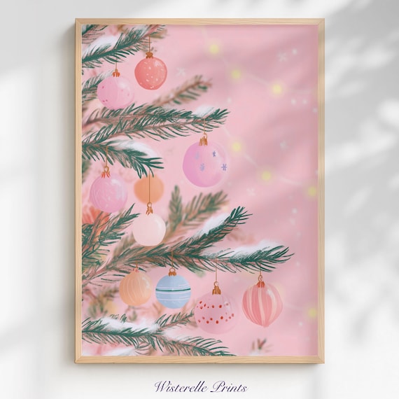 Pastel Pink Christmas Tree Ornaments Snowy Holiday Branch Art Poster