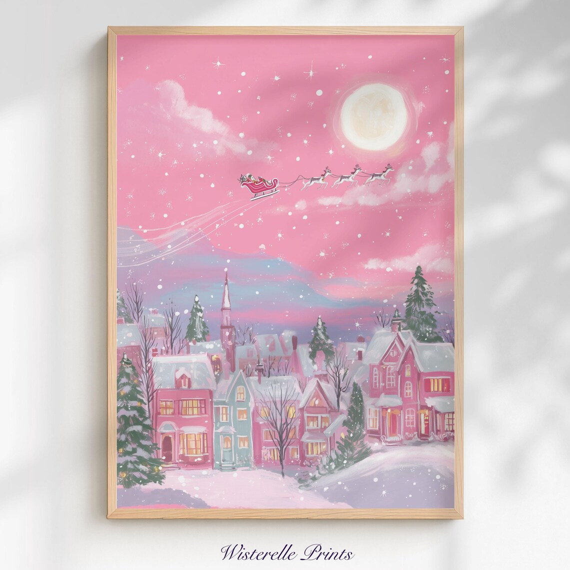 Pink Christmas Town Art Print, Cute Santa Sleigh