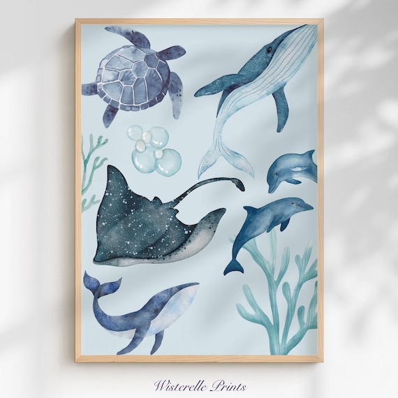 Blue Watercolor Ocean Animals Whale Turtle Dolphin Sea Life Poster
