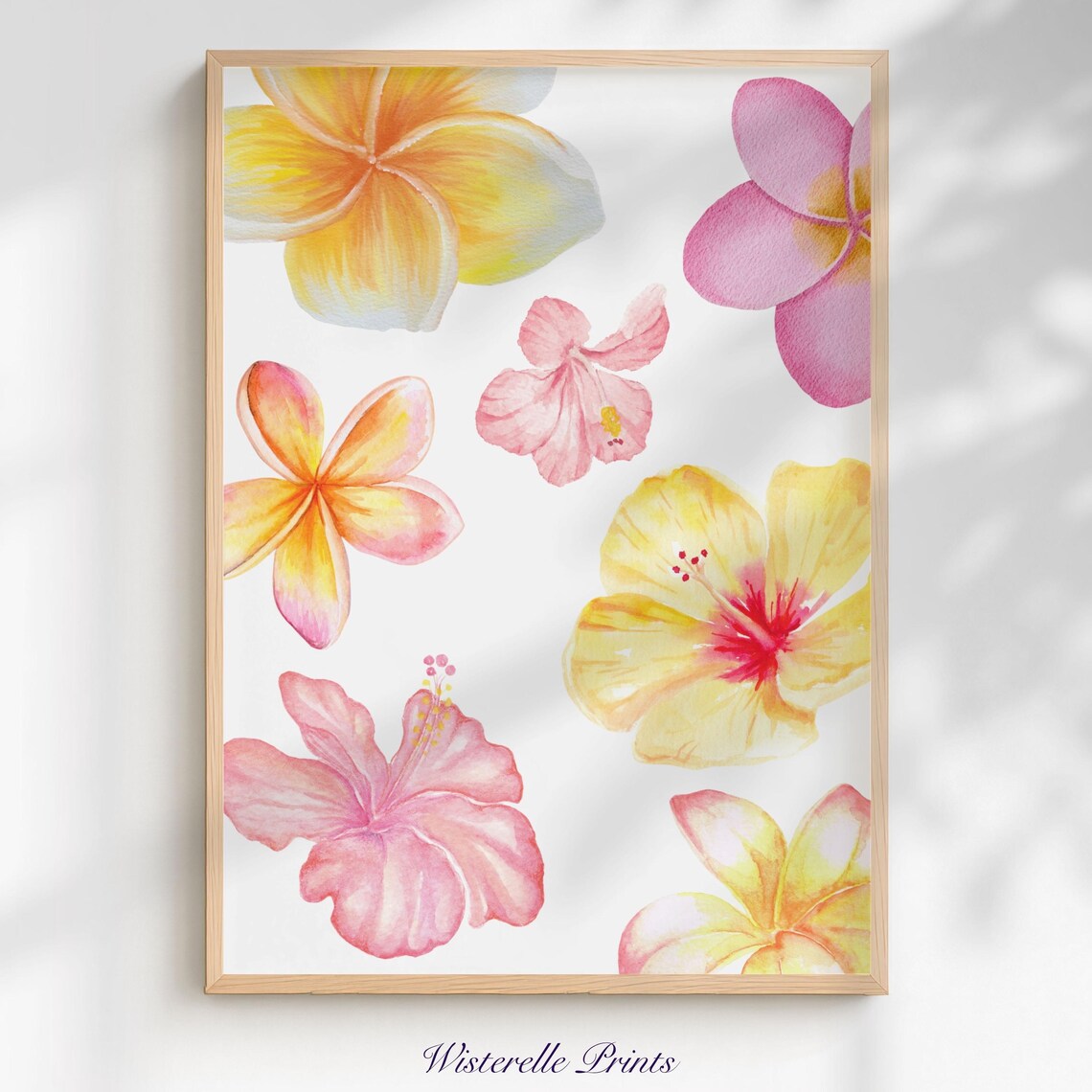 Pink Yellow Plumeria Watercolor Tropical Floral Botanical Poster