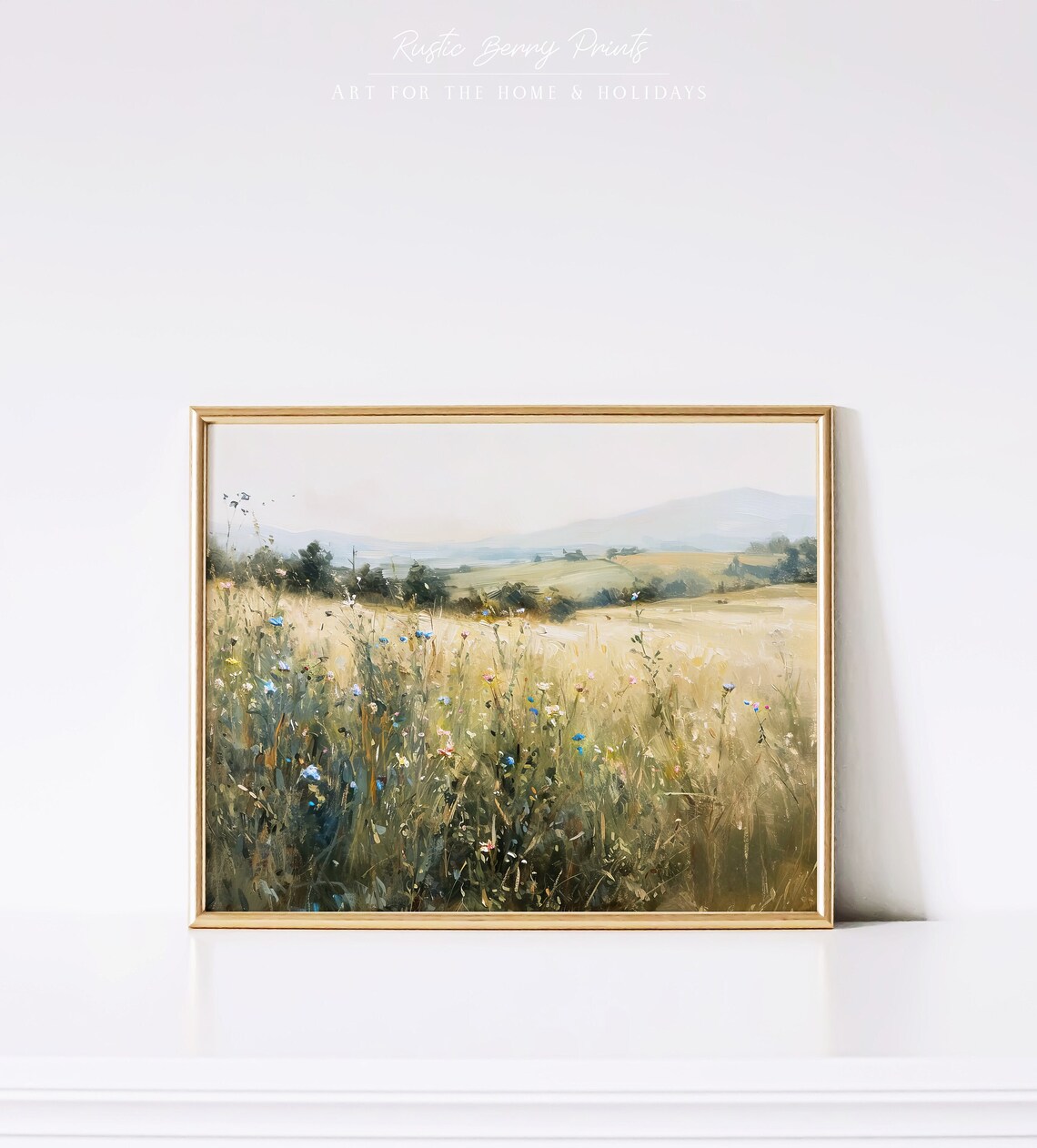 Muted Wildflower Meadow Misty Hills Serene Country Art Poster