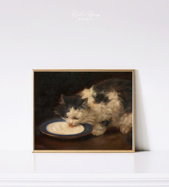 Delicious Milk Fluffy Cat Lapping Milk Saucer Dark Moody Vintage Kitchen Poster