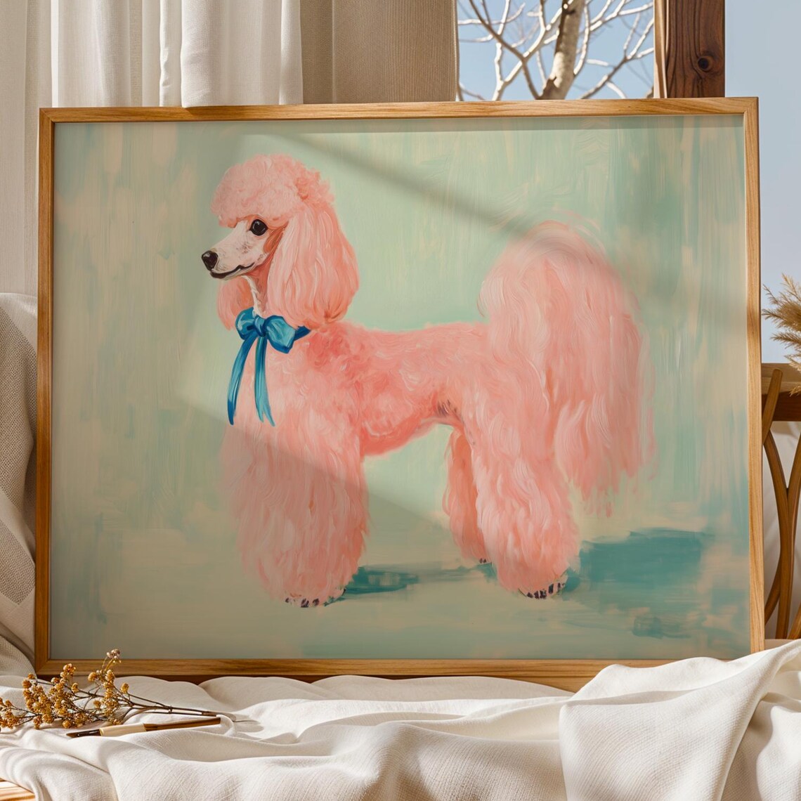 Pink Poodle Art Print, Playful Dog Decor