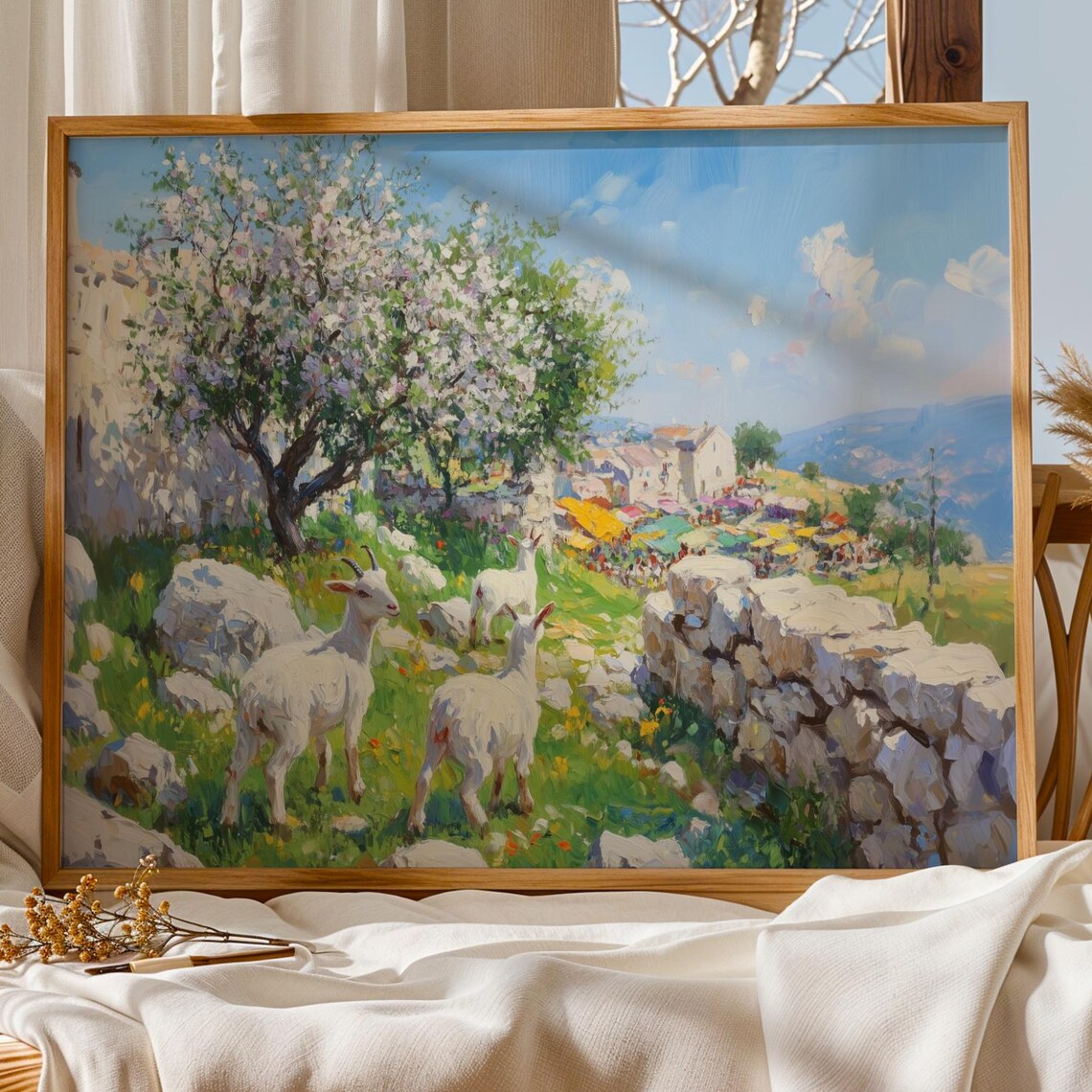 Spring Goats Pasture Painting Mediterranean Village Landscape Art Poster
