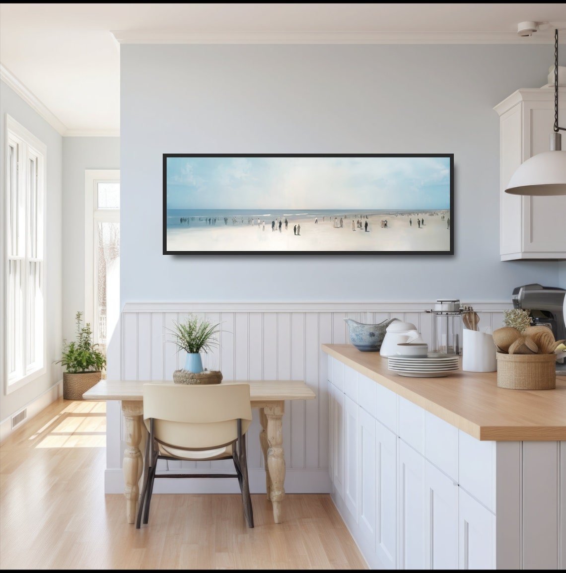 Vintage Pastel Seaside Beach Crowd Soft Blue Sky Retro Wall Poster - Image 3