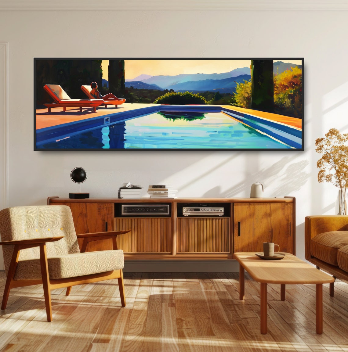 Midcentury Poolside Lounging Woman Mountain Sunset Art Poster - Image 5