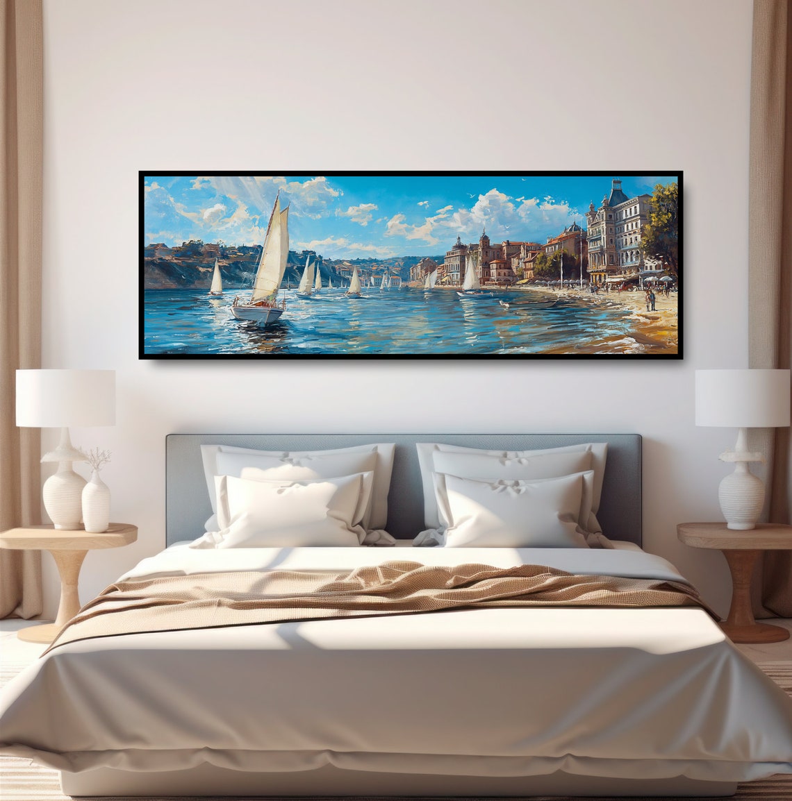 European Sailboats Oil Painting Print Vintage Ocean Nautical Decor Panoramic Mediterranean French Riviera Seascape Sea Beach Wall Art - Image 4
