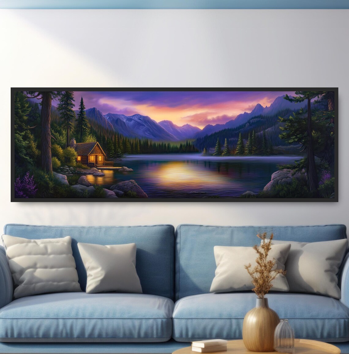Blue Mountains Log Cabin Lake Sunset Art Print