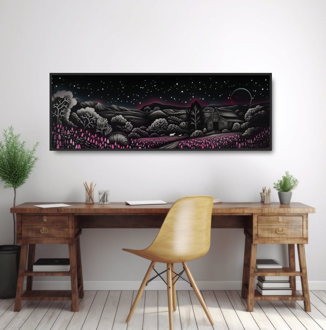 Starry Night Farm Pink Wildflowers Sheep Barn Countryside Poster - Image 2