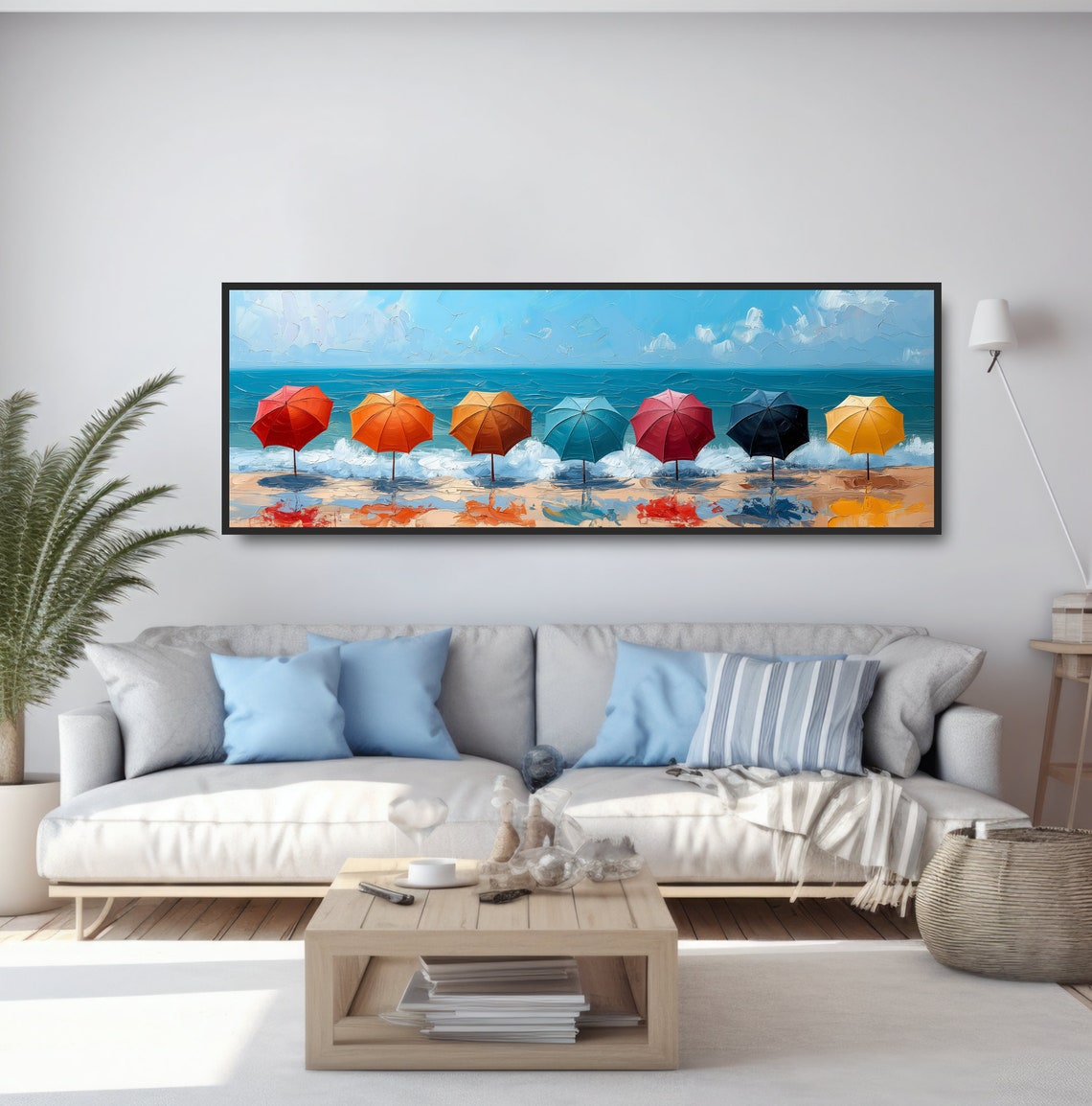 Colorful Beach Umbrellas Row Ocean Waves Summer Oil Painting Poster - Image 5