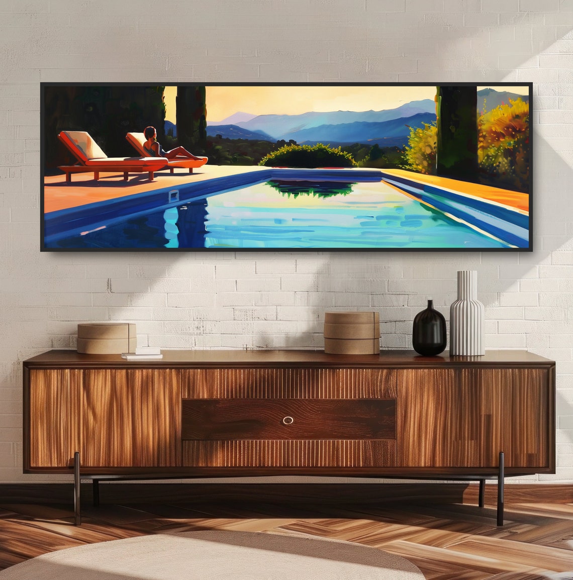 Swimming Pool Oil Painting Bathing Suit Woman In Lounge Chair Midcentury Modern Decor Sunset Blue Mountains Orange Yellow Golden Sunrise - Image 2