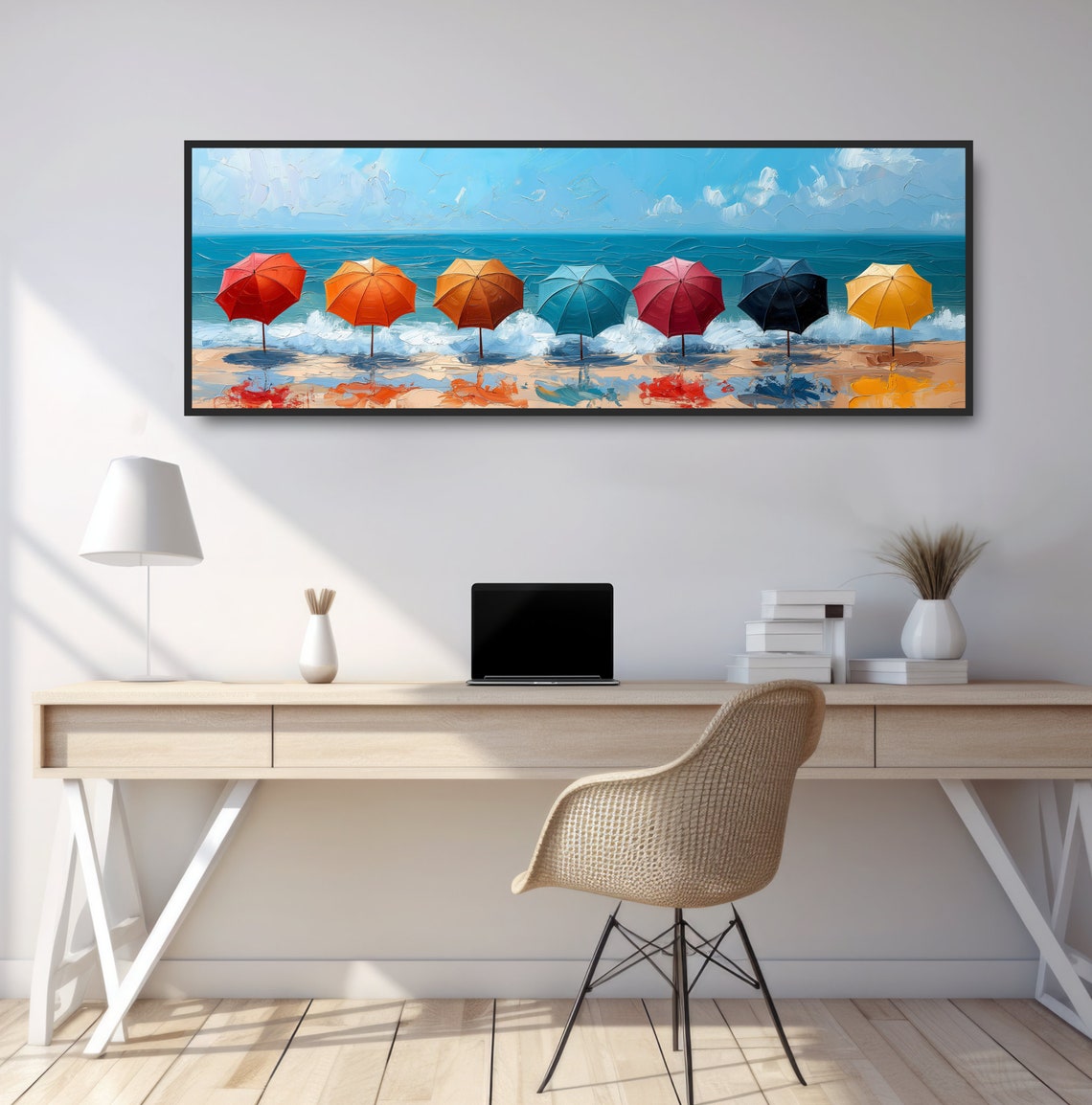 Colorful Beach Umbrellas Row Ocean Waves Summer Oil Painting Poster - Image 2