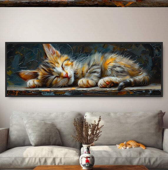 Cute Sleeping Tabby Kitten Oil Painting Adorable Farmhouse Cat Art Poster