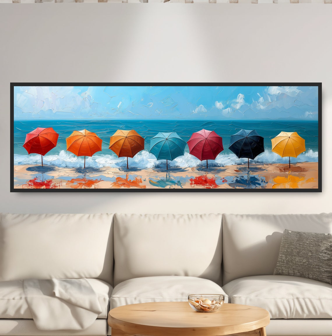 Colorful Beach Umbrellas Row Ocean Waves Summer Oil Painting Poster