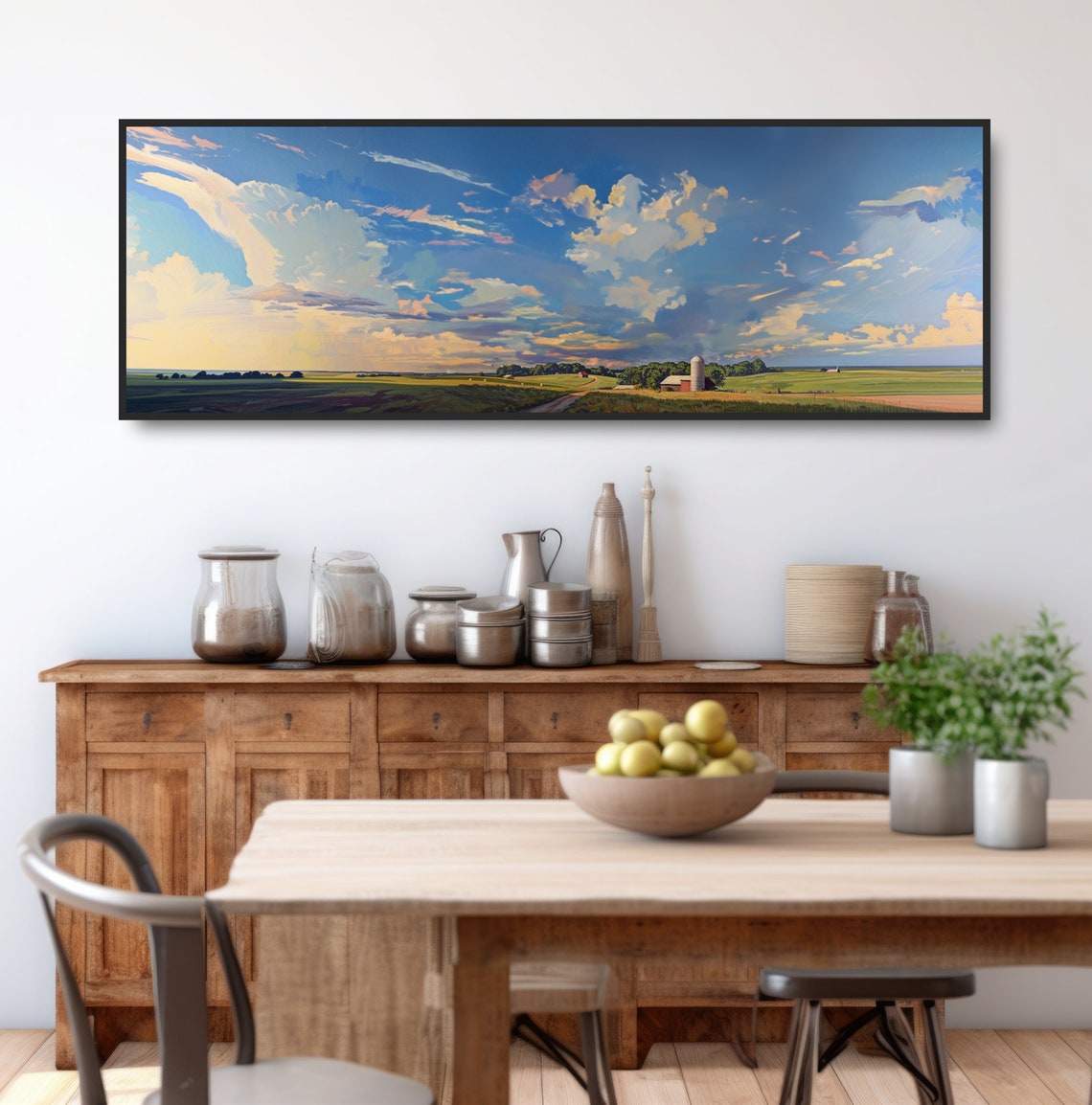 Panoramic Farmland Blue Sky Clouds Barn Silo Rural Painting Poster - Image 3