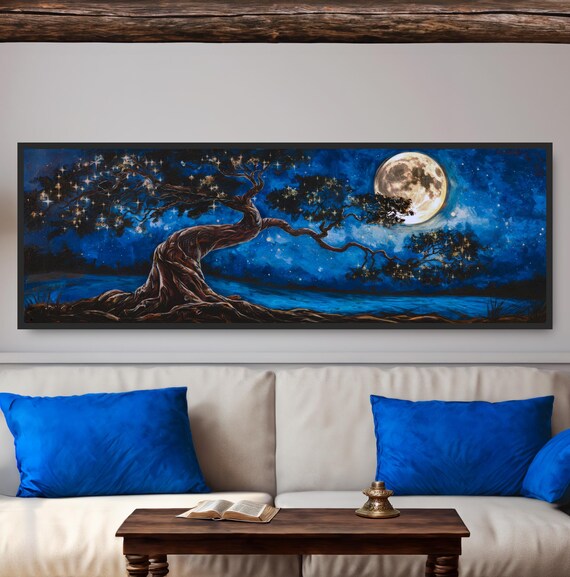 Twisted Tree Full Moon Night Painting Mystical Starry Sky Print