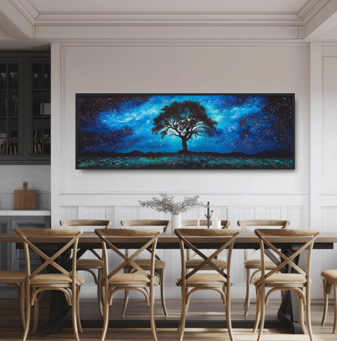 Lone Oak Tree Starry Night Painting Print Deep Blue Black Wall Art Panoramic Art Celestial Decor Rustic Starlit Mystical Landscape - Image 3