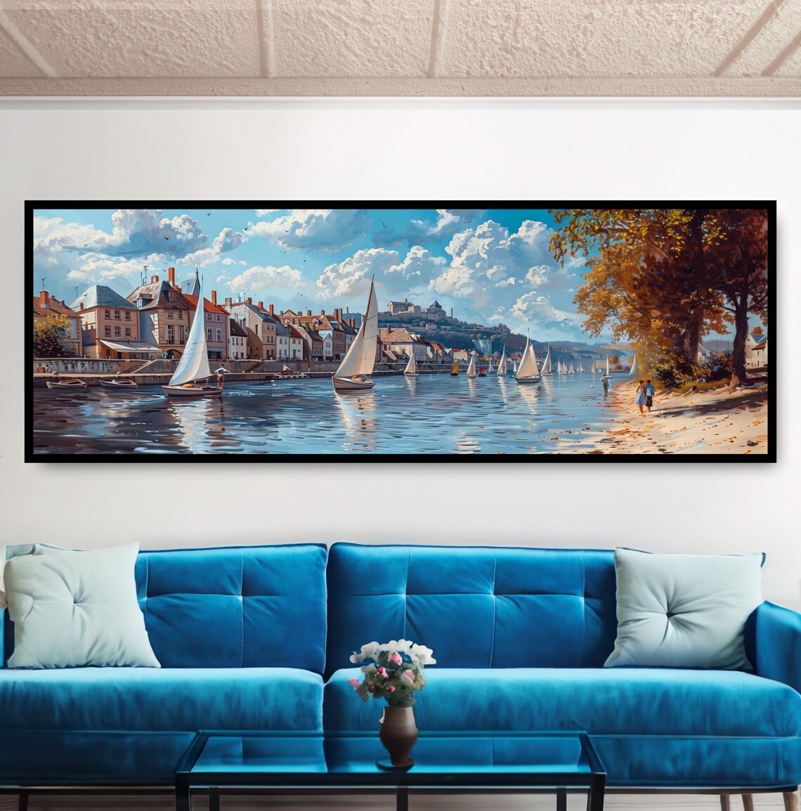 European Riverside Town Sailboats Autumn Harbor Vintage Scene Poster