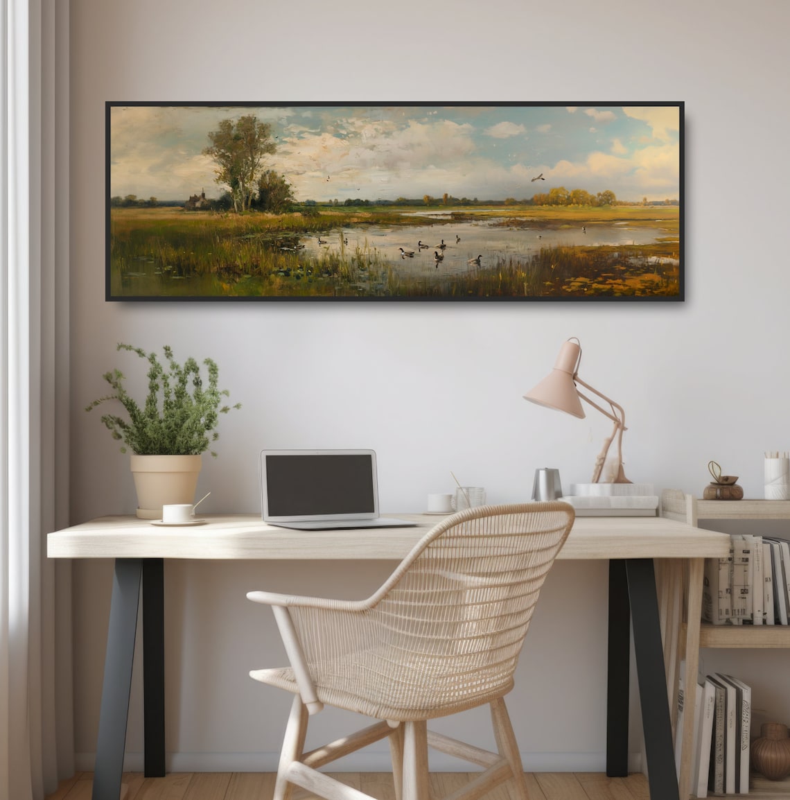 Duck Pond Panoramic Oil Painting Art Print, Rustic - Image 2