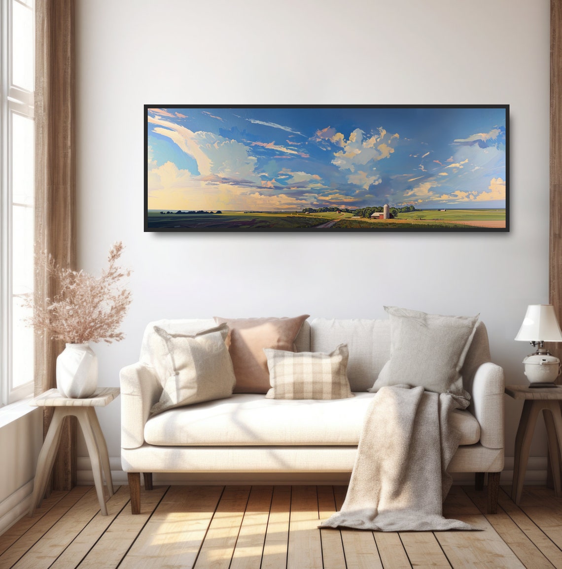 Panoramic Farmland Blue Sky Clouds Barn Silo Rural Painting Poster - Image 5